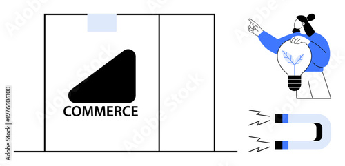 Online shopping, branding, innovation, customer attraction, marketing, business growth. Abstract storefront, light bulb person pointing and magnet. E-commerce and branding concept