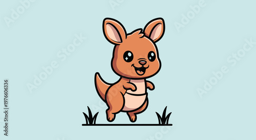 Cute and cheerful cartoon baby kangaroo illustration standing on grass with a happy expression, perfect for children's designs and playful wildlife themes