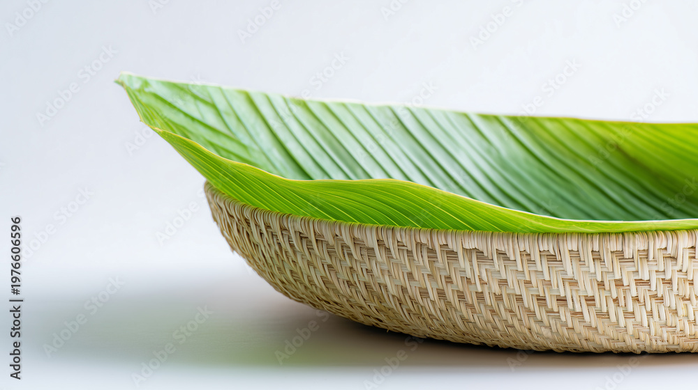 Obraz premium Fresh Banana Leaf on Basket with Organic Style Composition