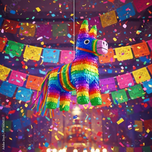 Hanging Multi Colored Pinata with Confetti and Papel Picado Banner