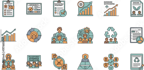 Sustainable Investment and Governance Icon Set Featuring ESG Metrics Emissions Control and Transparent Framework for Responsible Business Practices