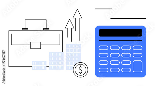 Financial planning, business growth, investment strategies, profitability analysis, accounting tools, wealth management. Briefcase, calculator graph bars and a dollar coin. Financial planning