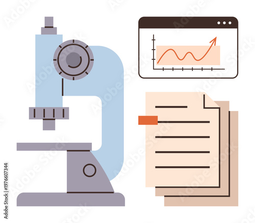 Scientific innovation, laboratory work, data analysis, research documentation, healthcare studies, educational tools. Image shows a microscope, graph and documents. Scientific innovation