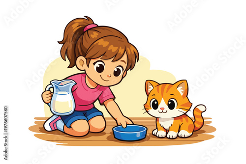 Vector illustration of a young girl giving milk to her pet cat, designed with soft lines and gentle details, capturing a caring and heartwarming moment at home.
