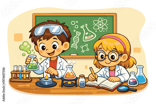 Vector illustration of a boy and girl in a chemistry lab mixing chemicals, designed with clean lines and bright details, capturing a fun and educational science moment.