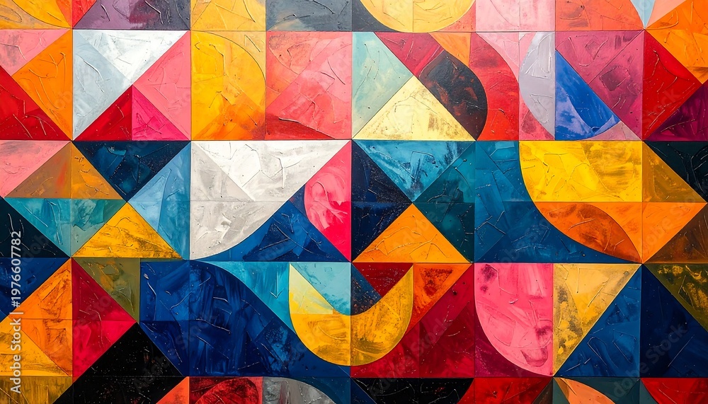 Fototapeta premium Geometric artwork; squares and triangles in vibrant, abstract colors