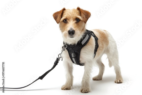 Realistic domestic dog wearing a harness with leash attached,