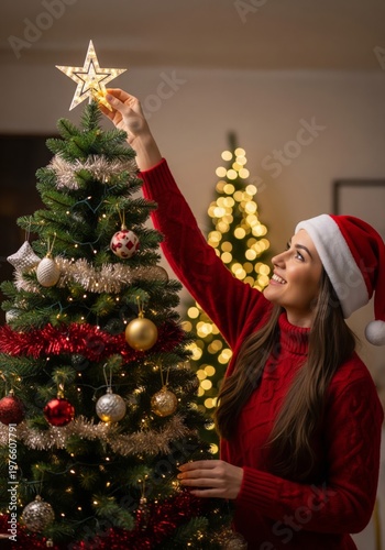 Woman Decorating Christmas Tree in Cozy Home Festive Atmosphere