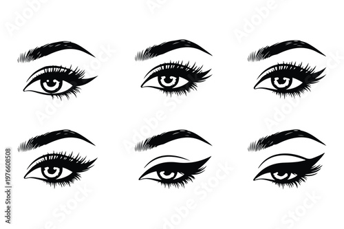 Vector illustration showing different eyeliner styles on eyes with eyeliner