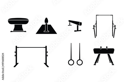 Vector icons of gymnastics equipment for sports and training with balance beam