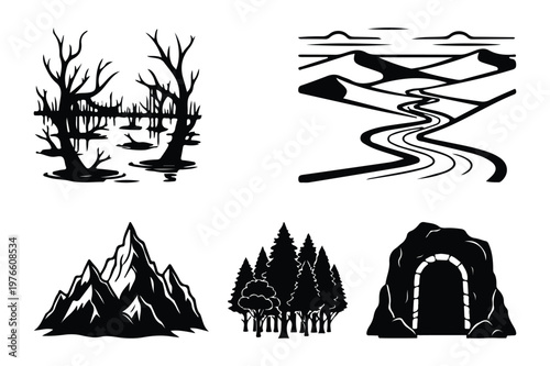 Diverse landscape silhouettes: wetlands mountains forest tunnel fields
