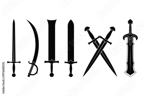 Assortment of sword silhouettes: medieval saber crossed blades with medieval