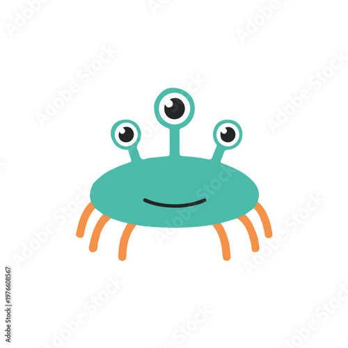 Cute green alien with three eyes and orange legs illustration, friendly space creature mascot in flat vector style