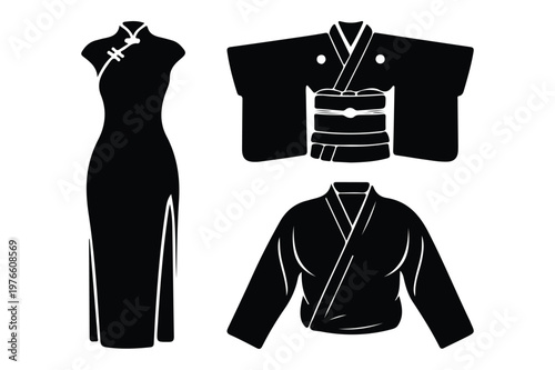 Traditional clothing silhouettes: cheongsam kimono karate gi with martial arts