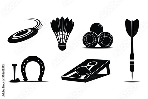 Collection of game and sport equipment silhouettes: frisbee shuttlecock darts