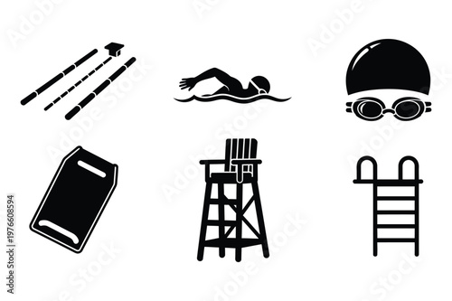 Lifeguard and swimming equipment icons with lifeguard swimming equipment