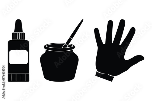 Craft supplies: glue bottle ink pot hand icon with supplies material adhesive
