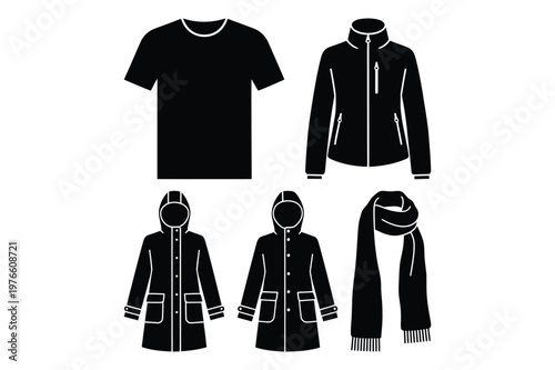 Vector set of black silhouette apparel icons with clothing outerwear template