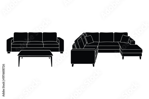 Vector black silhouettes of furniture set with furniture sectional interior