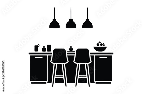 Modern kitchen island with bar stools and pendant lights vector illustration
