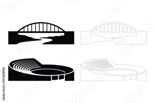 Vector illustrations of a bridge over water and a stadium seating area