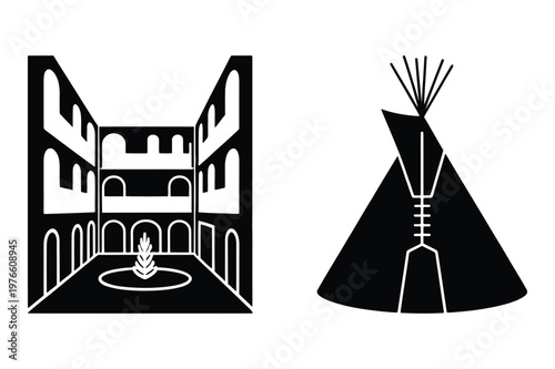 Courtyard fountain and native american teepee vector icons with courtyard