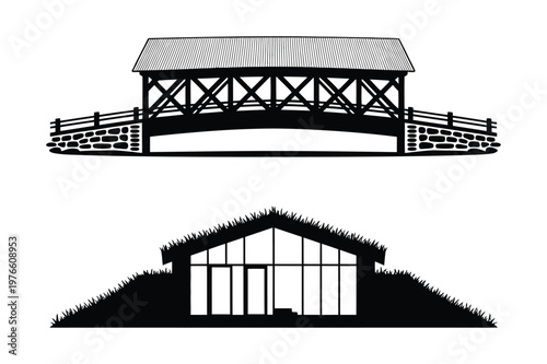 Vector illustration of a covered bridge and a modern house with a green roof