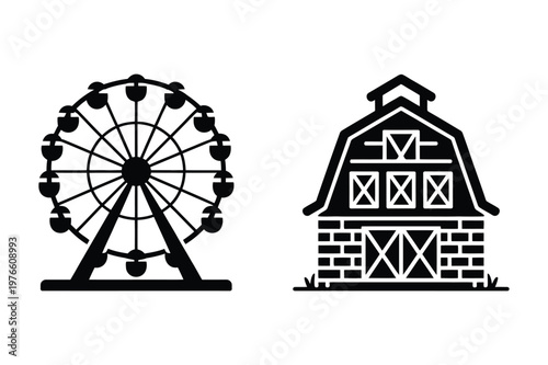 Ferris wheel and barn vector icons with amusement carnival building structure