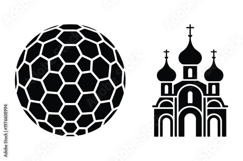 Orthodox church and abstract sphere vector icons with orthodox, christianity