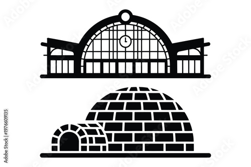 Grand train station facade with clock and eskimo igloo ice home structures