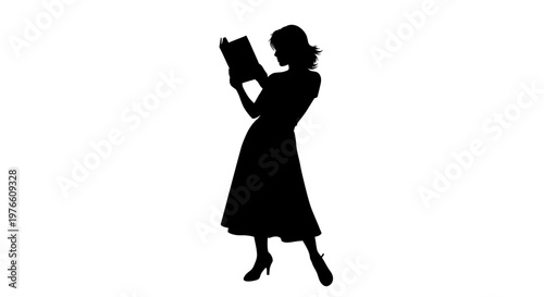 Silhouette of a woman in a vintage dress reading a book, captured against a white background.