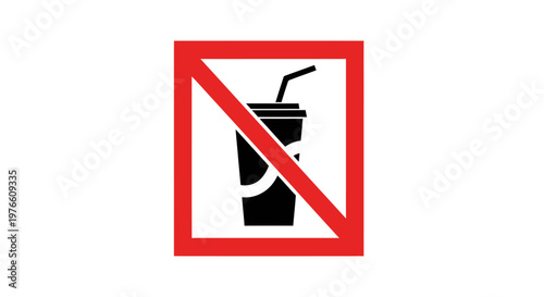 No drinks allowed sign featuring a black disposable cup with a straw inside a red prohibition square on a white background.