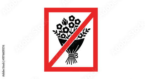 A graphic symbol indicating that flowers or floral arrangements are prohibited, featuring a bouquet crossed out by a red line.