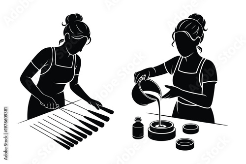 Women artisans making handmade crafts and pouring liquid vector icons set