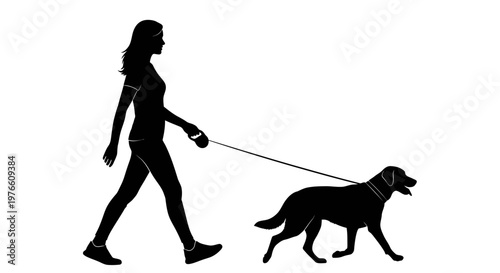 Silhouette of a woman walking her dog on a leash, depicted in black against a white background.