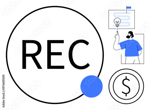 Recording, innovation, creativity, business planning, financial strategy, monetization, productivity. Circular REC symbol and business-themed illustrations. Recording and innovation concepts