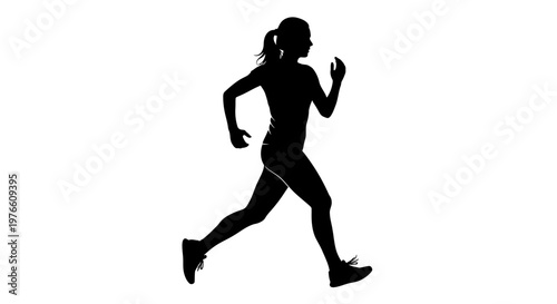 Dynamic silhouette of a female runner in motion against a clean white background, showcasing athleticism and fitness.