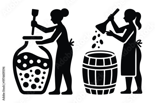 Women preparing homemade food and fermenting beverages flat vector icons