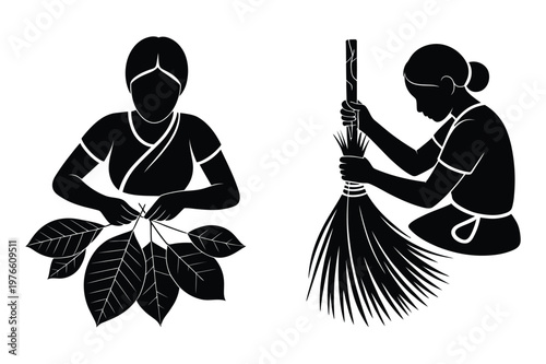 Foto Women preparing traditional leaves and crafting natural fiber brooms vector