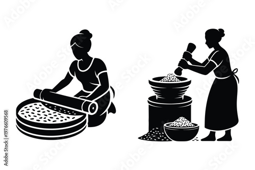 Women grinding grain with rolling pin and pounding ingredients with mortar