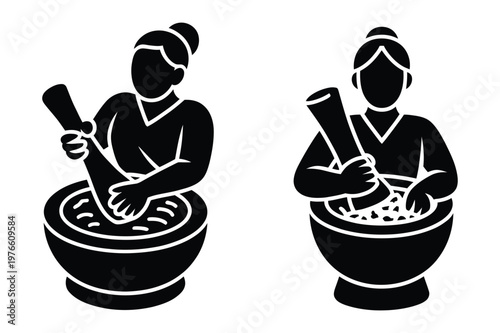 Women manually pounding food ingredients in large mortars with pestles, pounding
