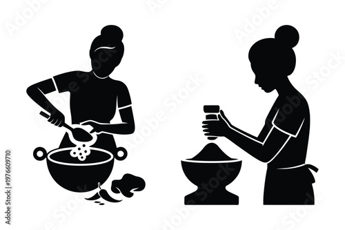 Women preparing food by stirring in a pot and seasoning in a bowl with preparing