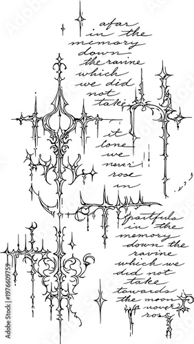 A grunge texture handwritte note with ornate decorations and a worn look on ancient parchment indoors