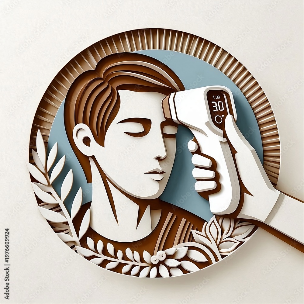 © PakistanGaming - Checking body temperature with machine in hand papercut body face & machine in papercut illustration with space for copy, created with generative ai