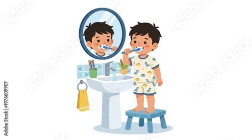 Little Boy Brushing Teeth in Front of Bathroom Mirror Daily Routine