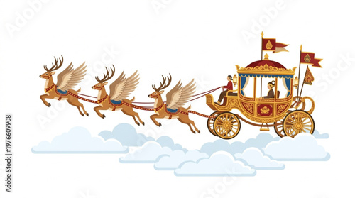 Magical Golden Royal Carriage Pulled by Flying Reindeer in the Clouds