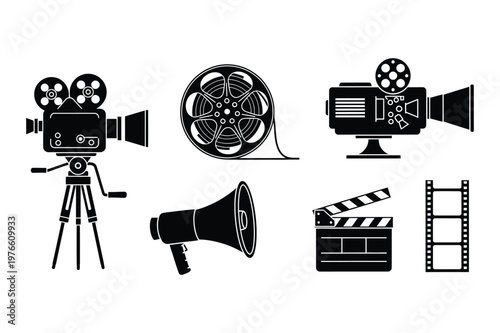 Collection of film making and cinema production equipment vector icons