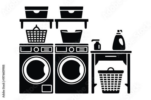 Laundry room interior with washing machines shelves and baskets, detergent