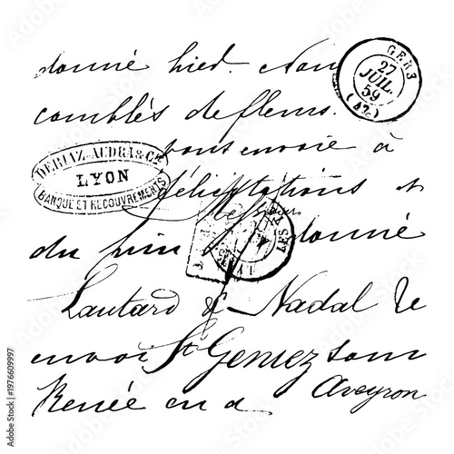 A vintage, grunge texture handwritten letter with postmarks and stamps from Lyon, featuring a unique, old-fashioned mail piece.