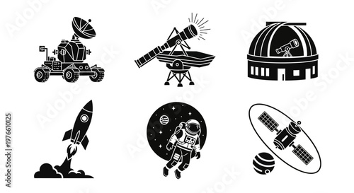 Space Exploration Icons: Rocket, Astronaut, Rover, Telescope, Observatory, Satellite